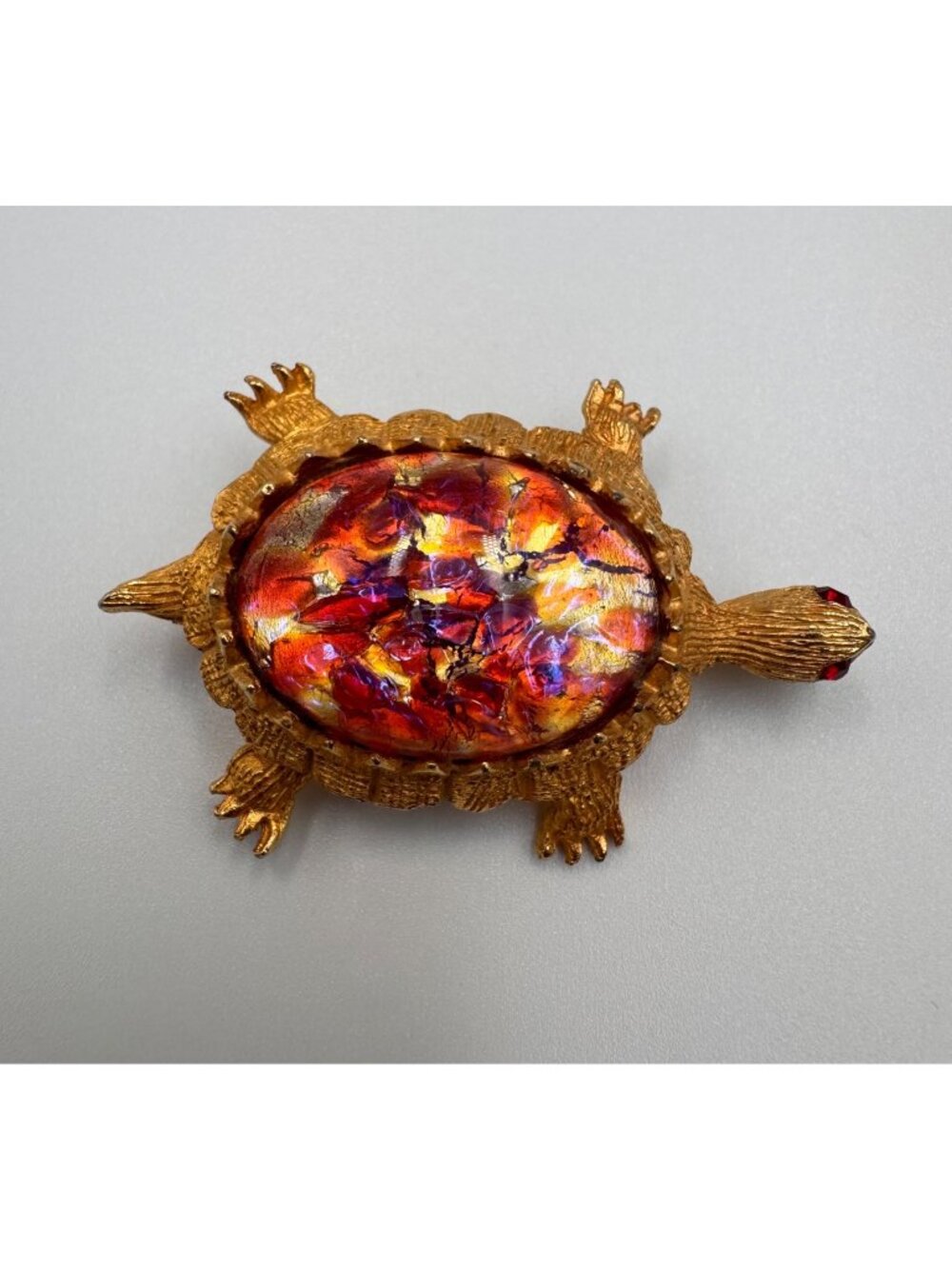Vintage Dobbs Turtle Brooch Dragons Breath Art Foil Glass Red Rhinestone Eyes